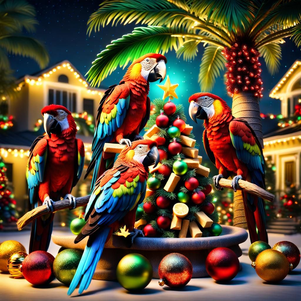 Parrots Share Christmas Feast: 3D Digital Painting
