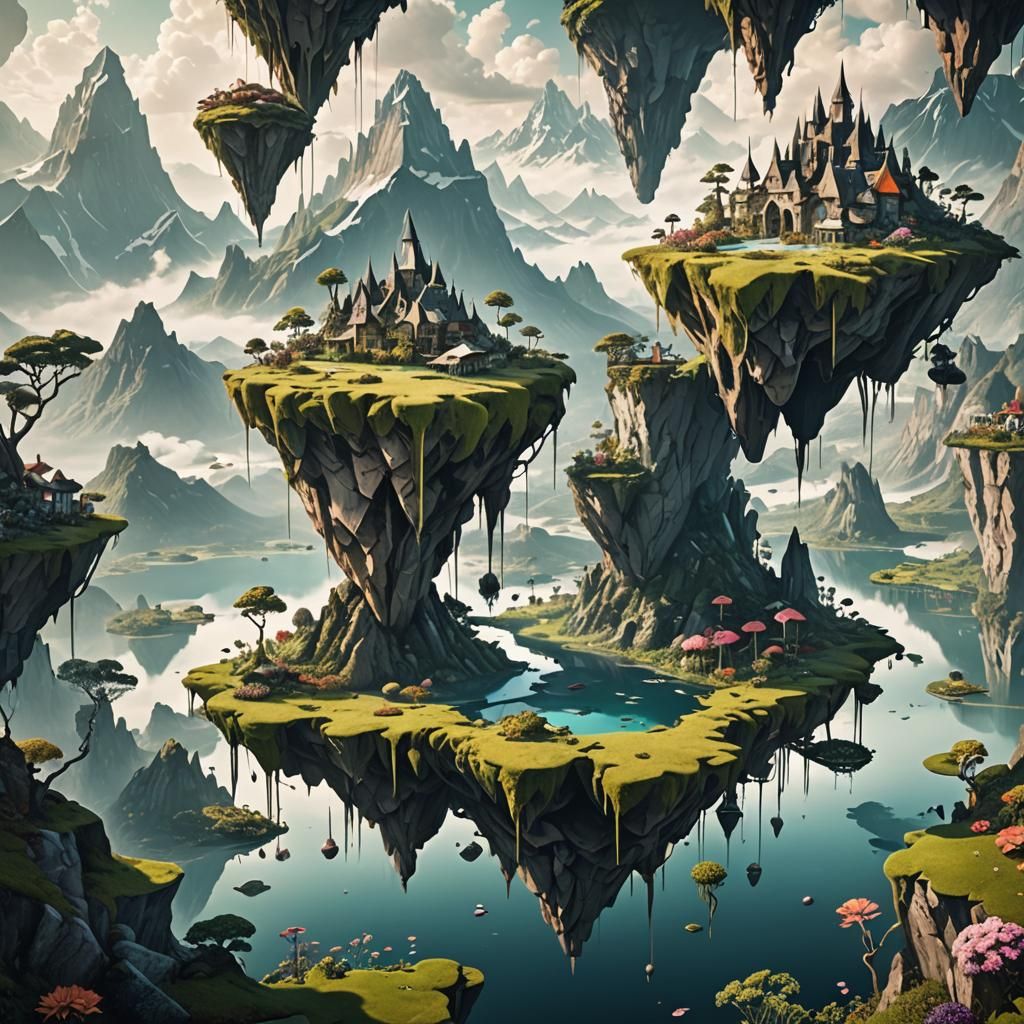 Surreal Landscape with Floating Islands and Upside-Down Moun...