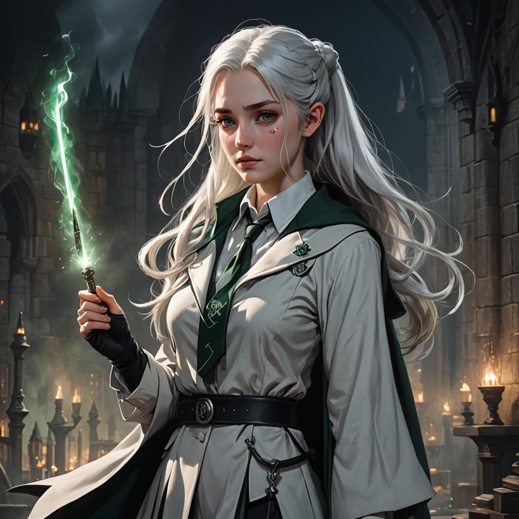Hogwarts Student with Magic Wand in Dark Fantasy Style