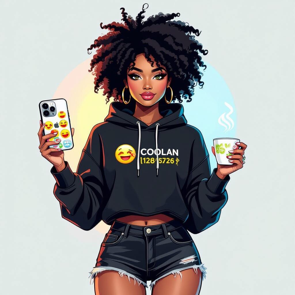 Stylish Woman with Afro Holding iPhone and Matcha