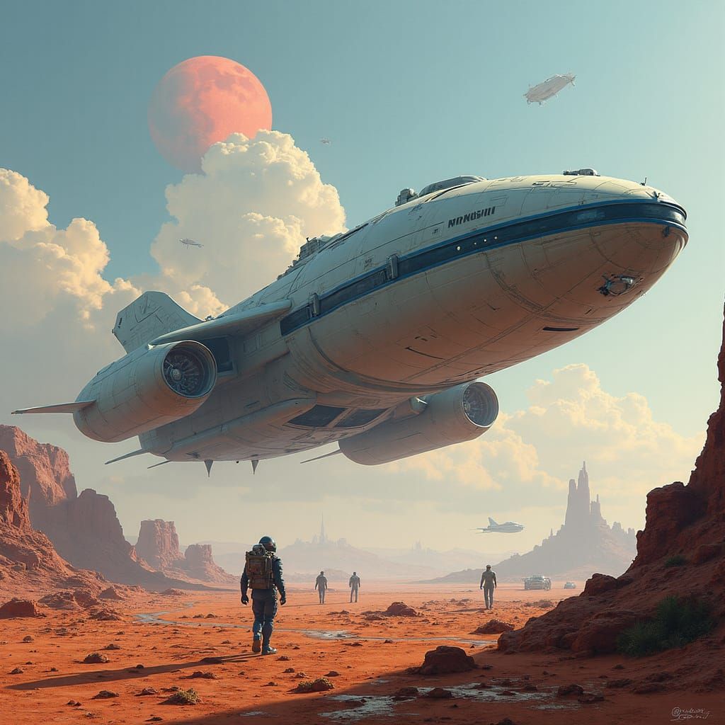 Futuristic Spaceship Lands at Distant Spaceport