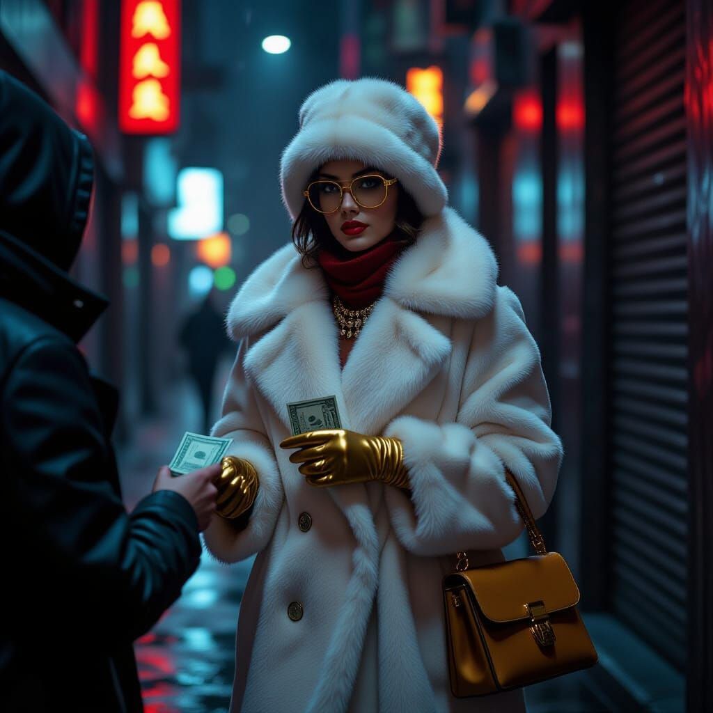Cyberpunk Woman in Fur Coat Pays Shadowy Figure