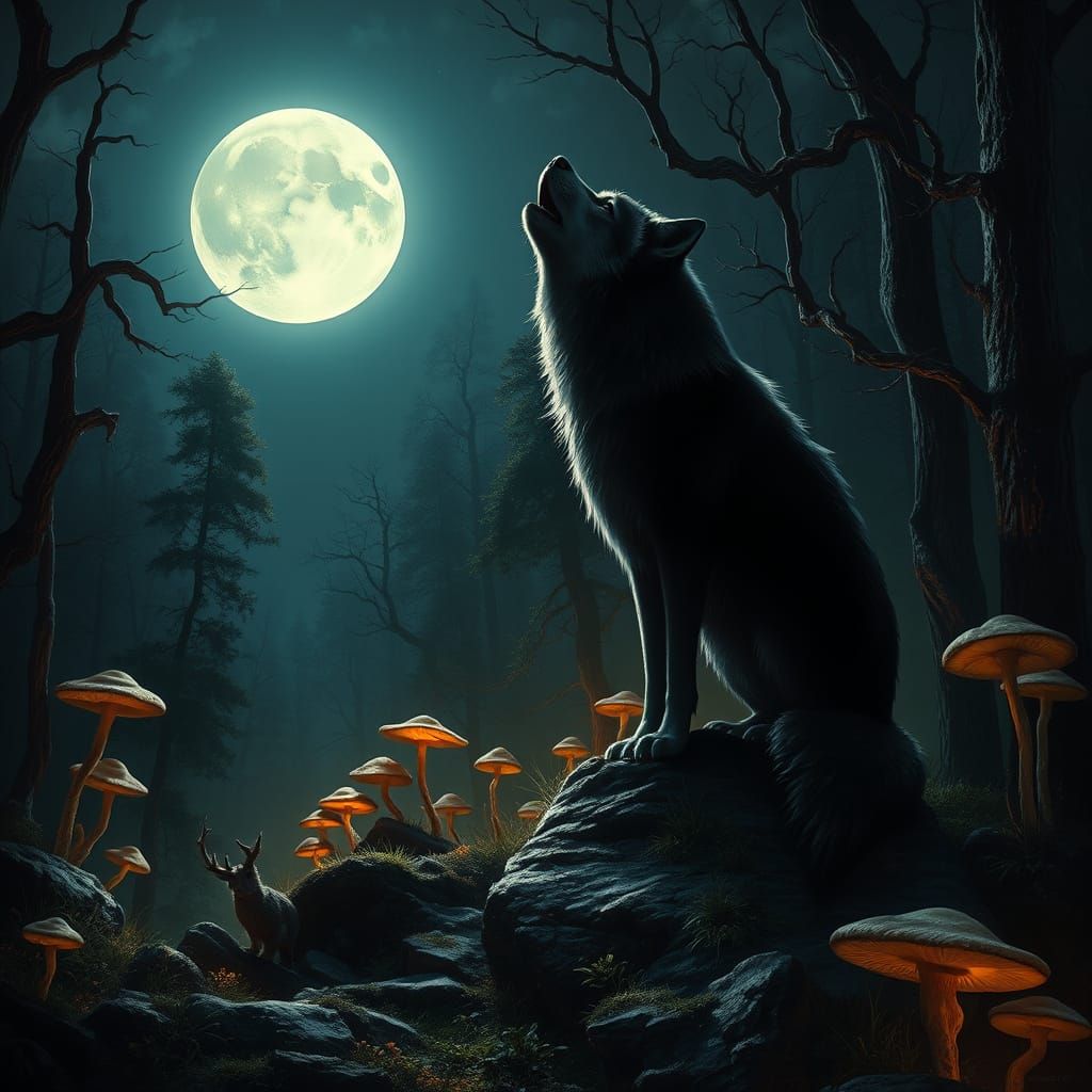 Lone Wolf Howling at Moon in Enchanted Forest