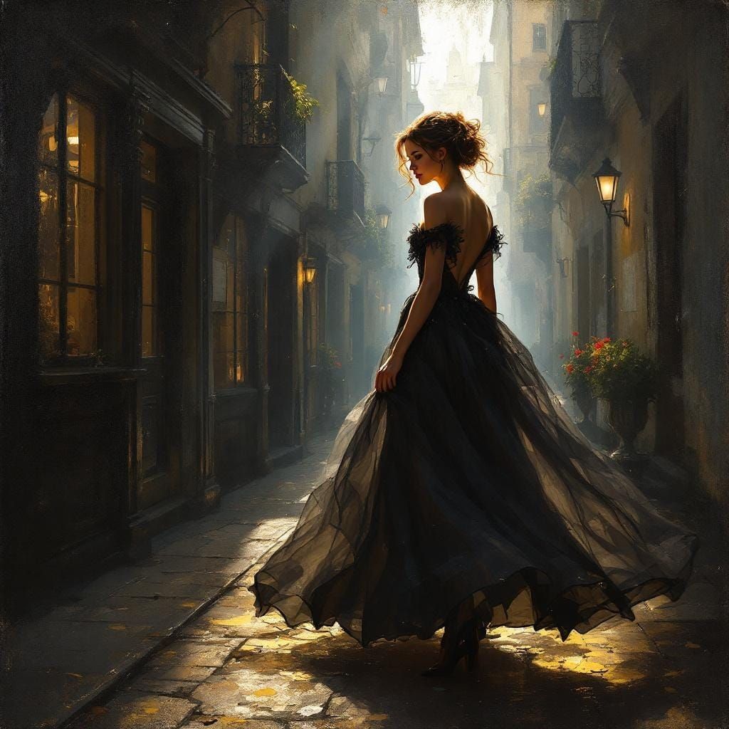 Noble Figure Walks Down Sunlit Street: Classical Portraiture