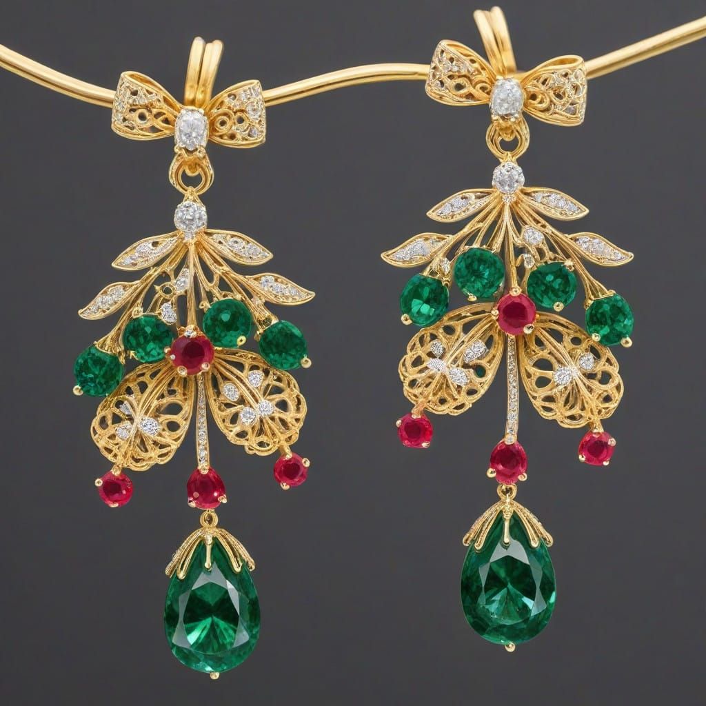 Luxurious Holiday Jewels in Gold Filigree with Emeralds, Dia...