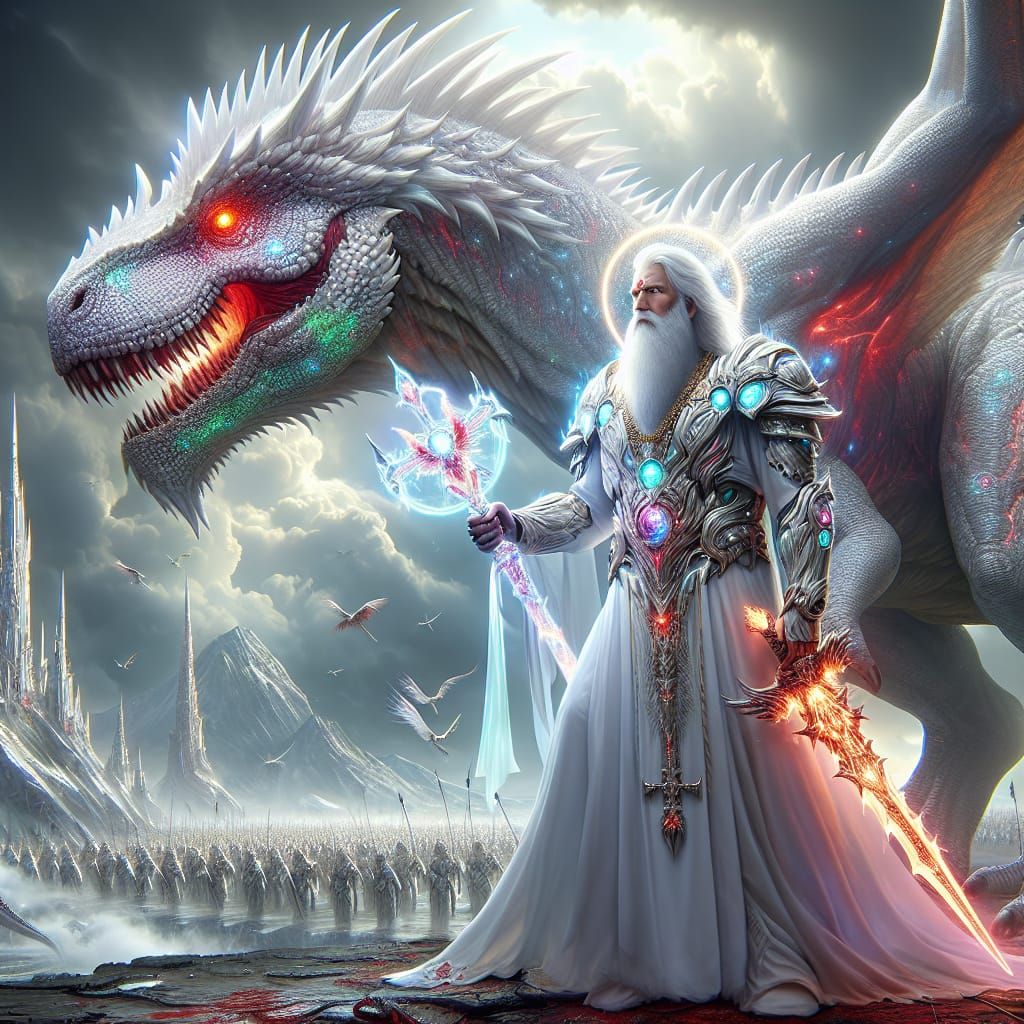Religious Warrior and Dinosaur on Battlefield