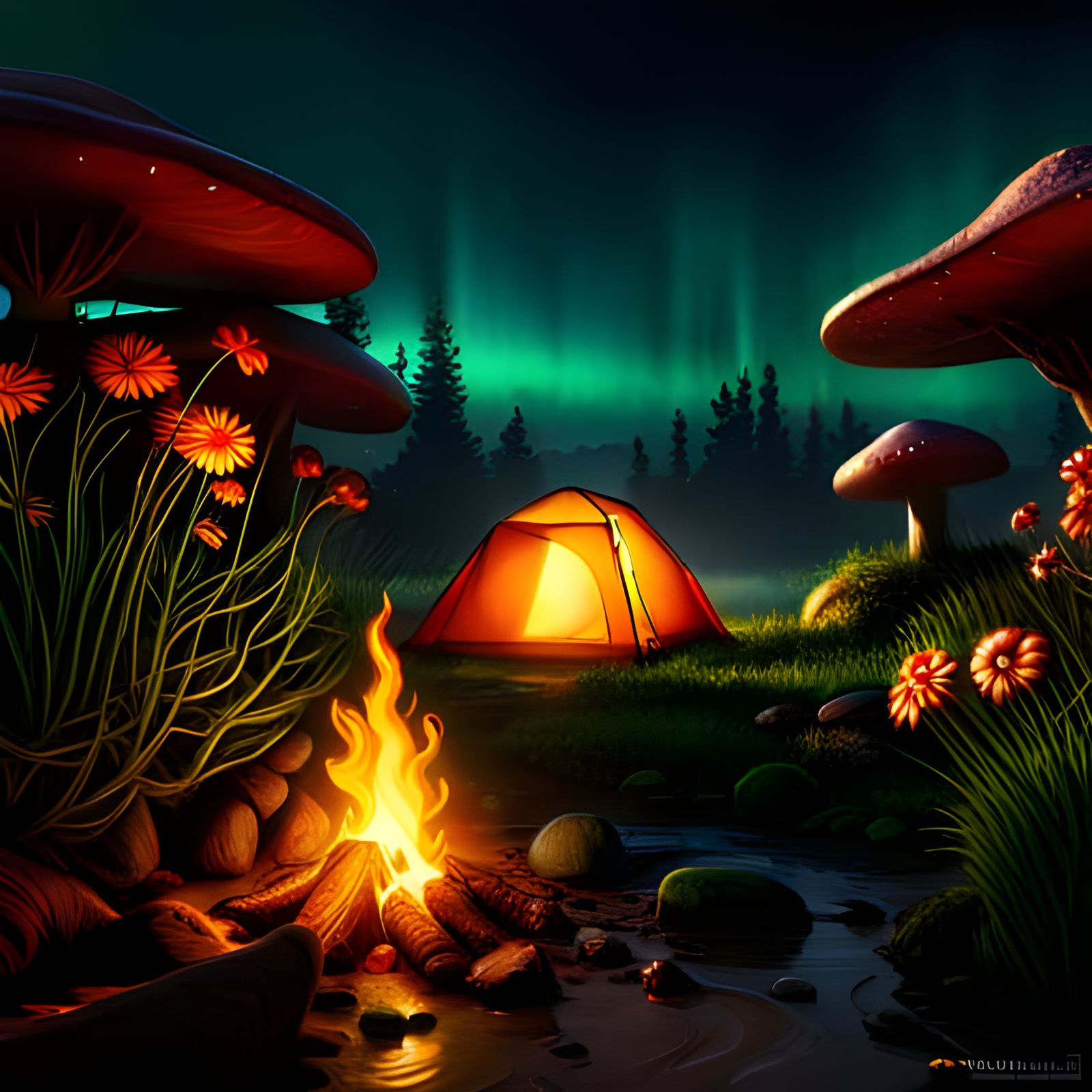 Mystical Campfire Scene in a Glowing Forest