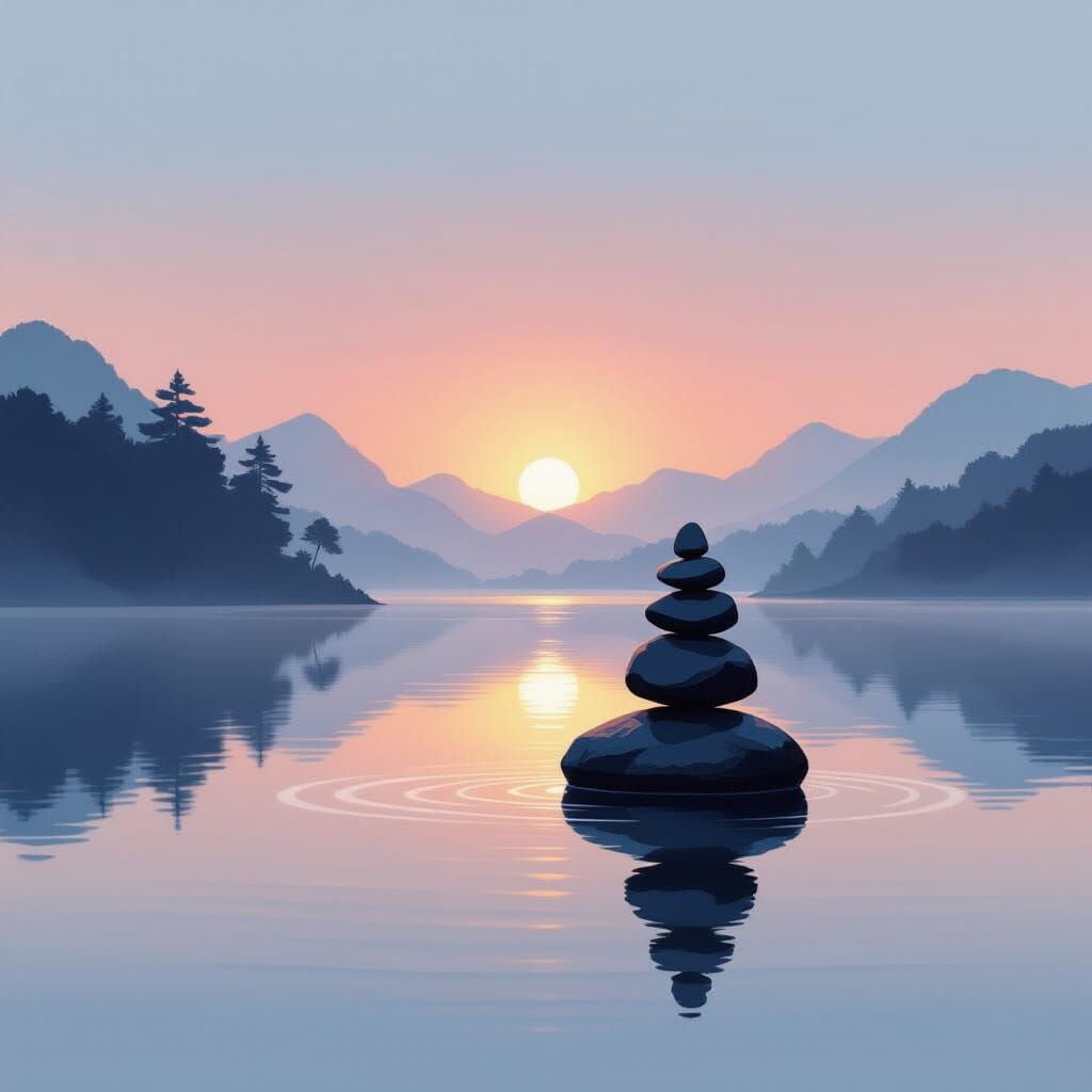 Minimalist Stone Cairn at Reflective Lake Dawn