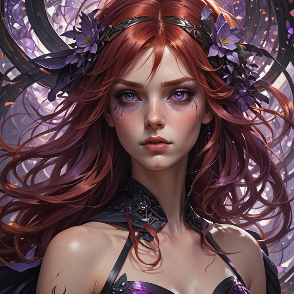 Red-Haired Sorceress Portrait in Art Nouveau Style