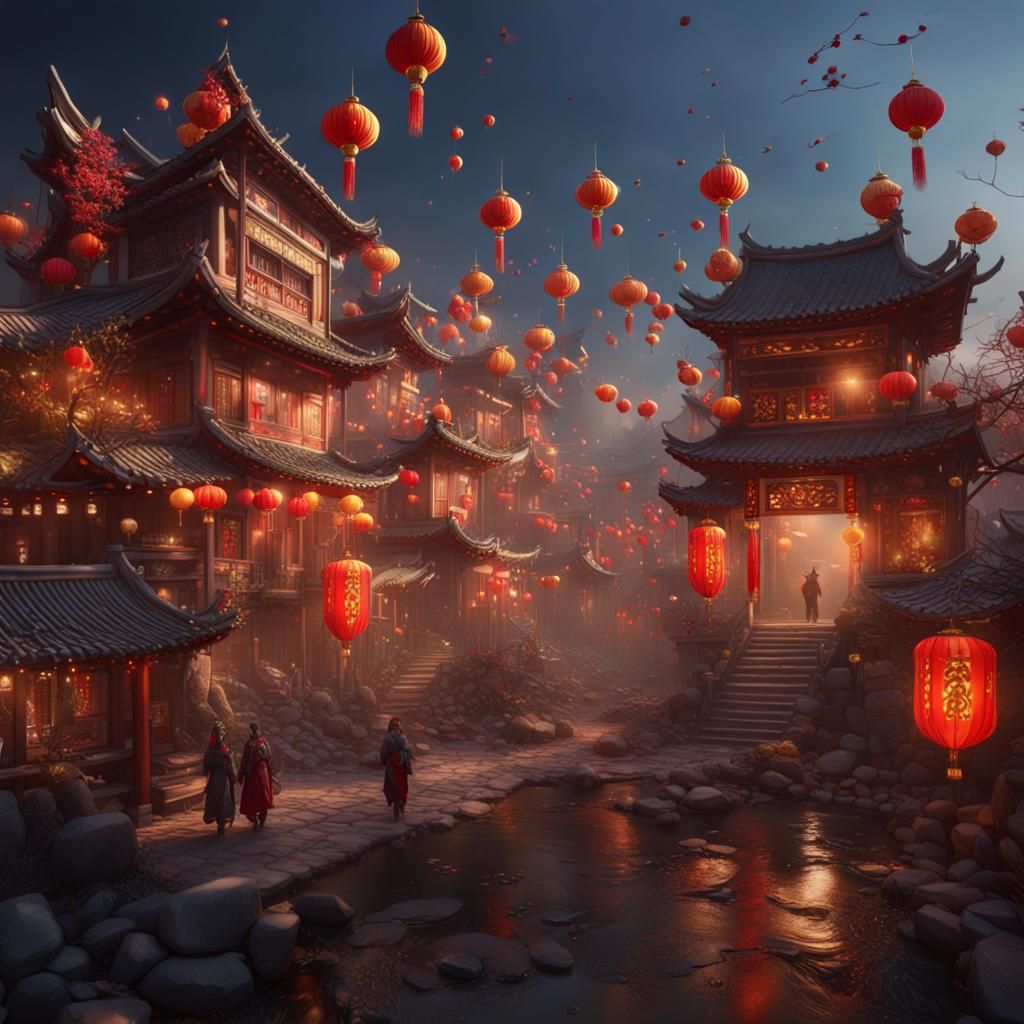 Lunar New Year Village in Detailed Matte Painting