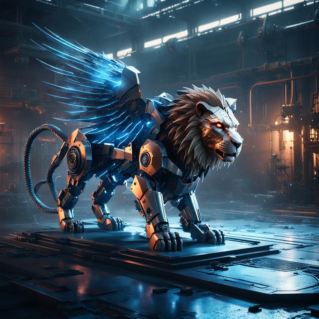 Mechanical Lion with Metal Wings in Sci-Fi Style
