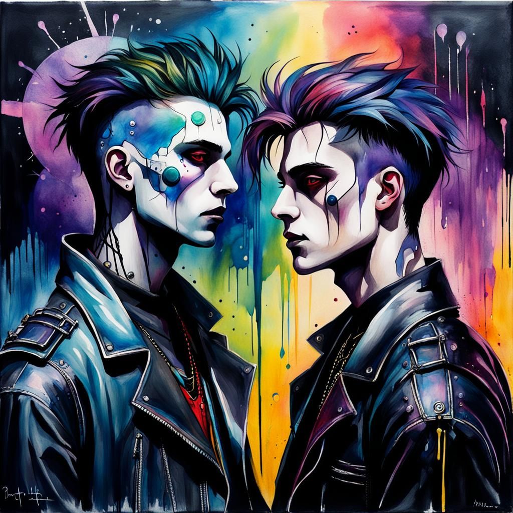 Gothic Dreamcore Boys in Cyberpunk Acrylic Art