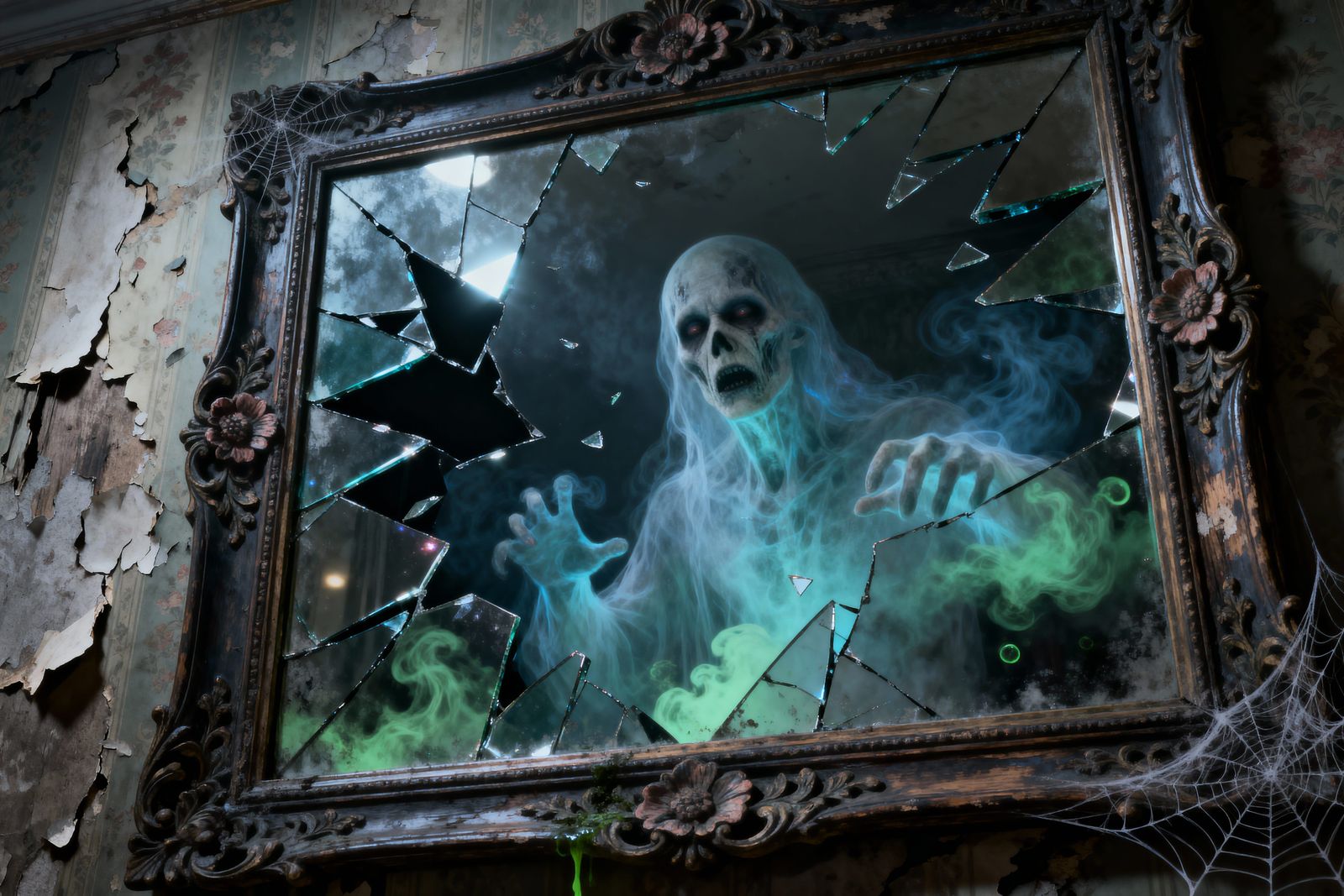 Cracked Gothic Mirror Reflects Eerie Ghost Portrait