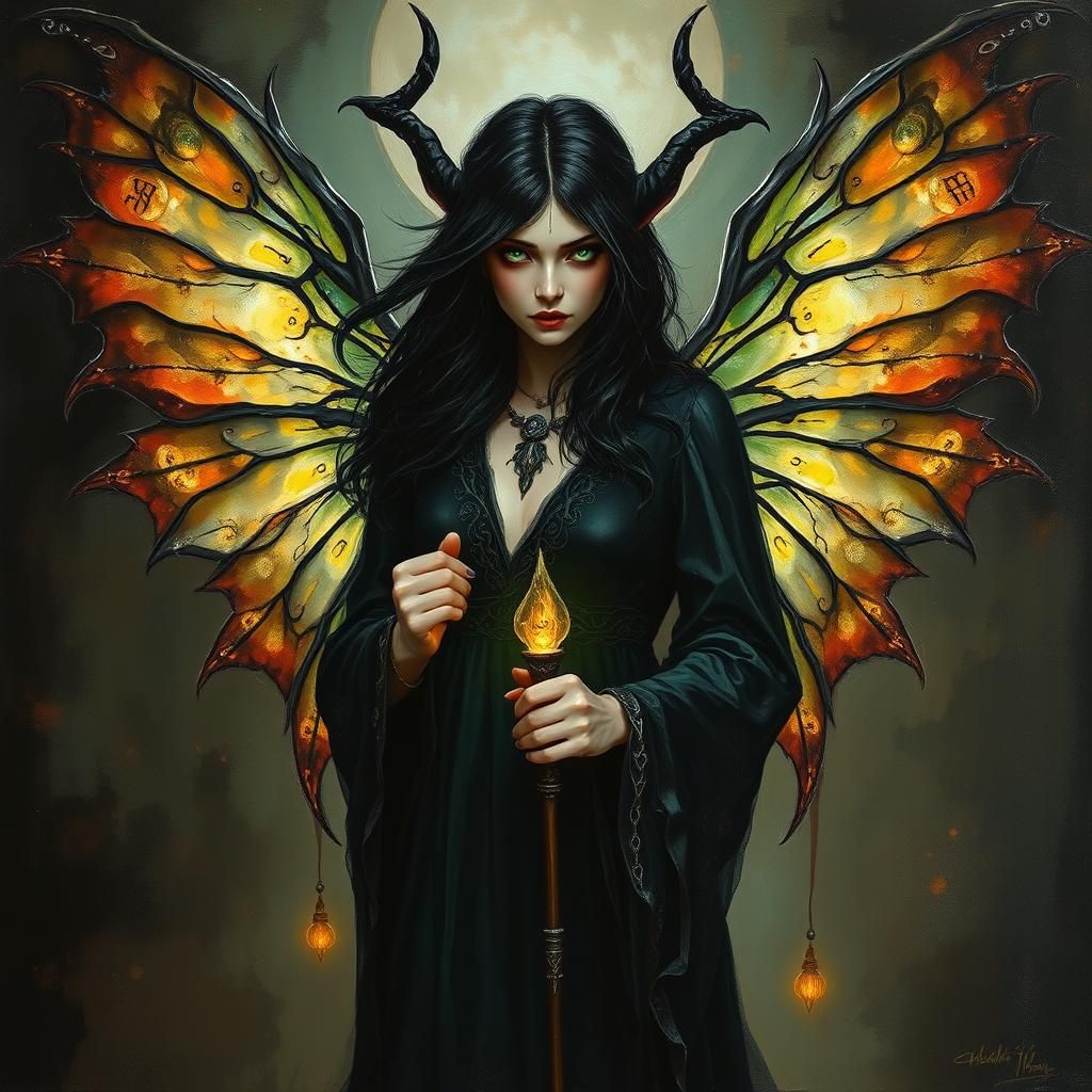 Dark Fairy Elf Witch with Glowing Emerald Eyes