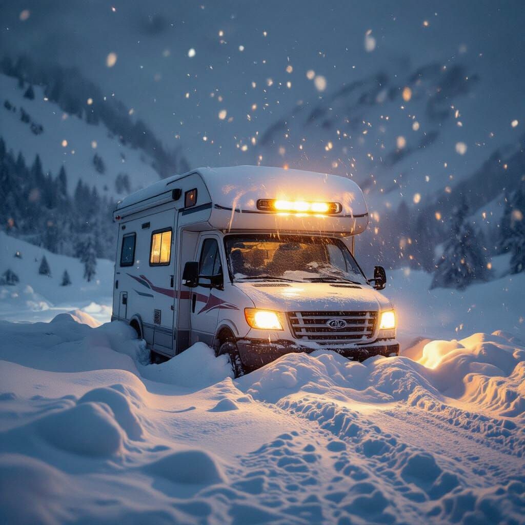 Camper Van Lost in Blizzard Snowstorm