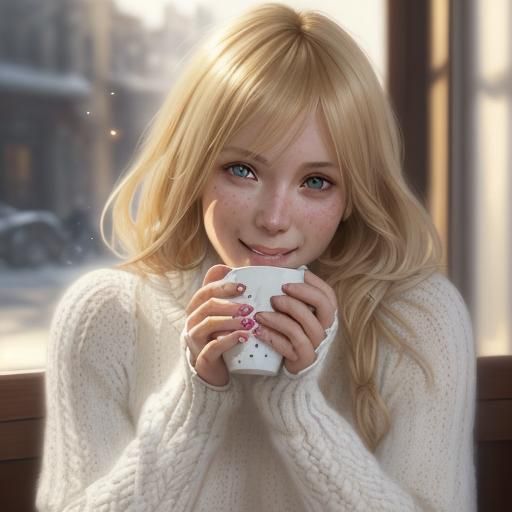 Smiling Blonde Woman in Coffee Shop, Digital Portrait