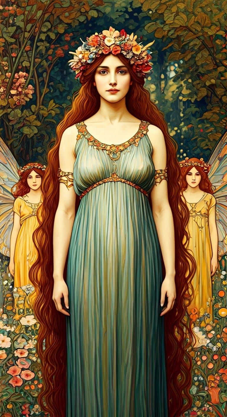 Regal Fairy Queen in Whimsical, Art Nouveau-Inspired Scene