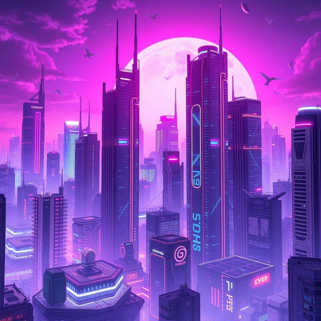 Cyberpunk Cityscape with Neon Skyscrapers in Anime Style