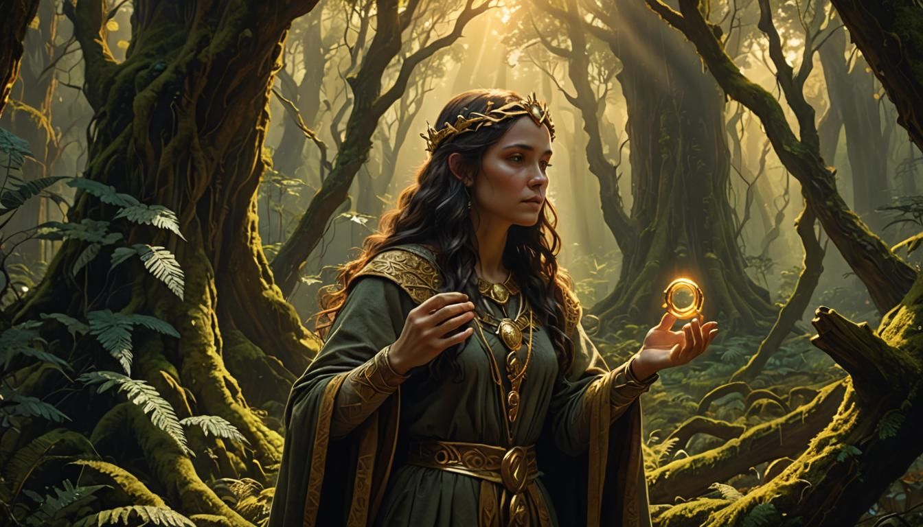 Goddess Adorns Divine Ring in Mystical Forest