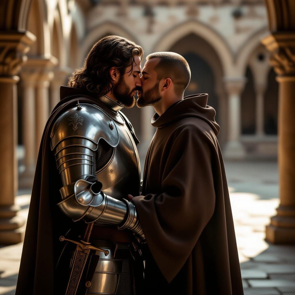 Knight and Monk Share Forbidden Kiss in Monastery Cloister