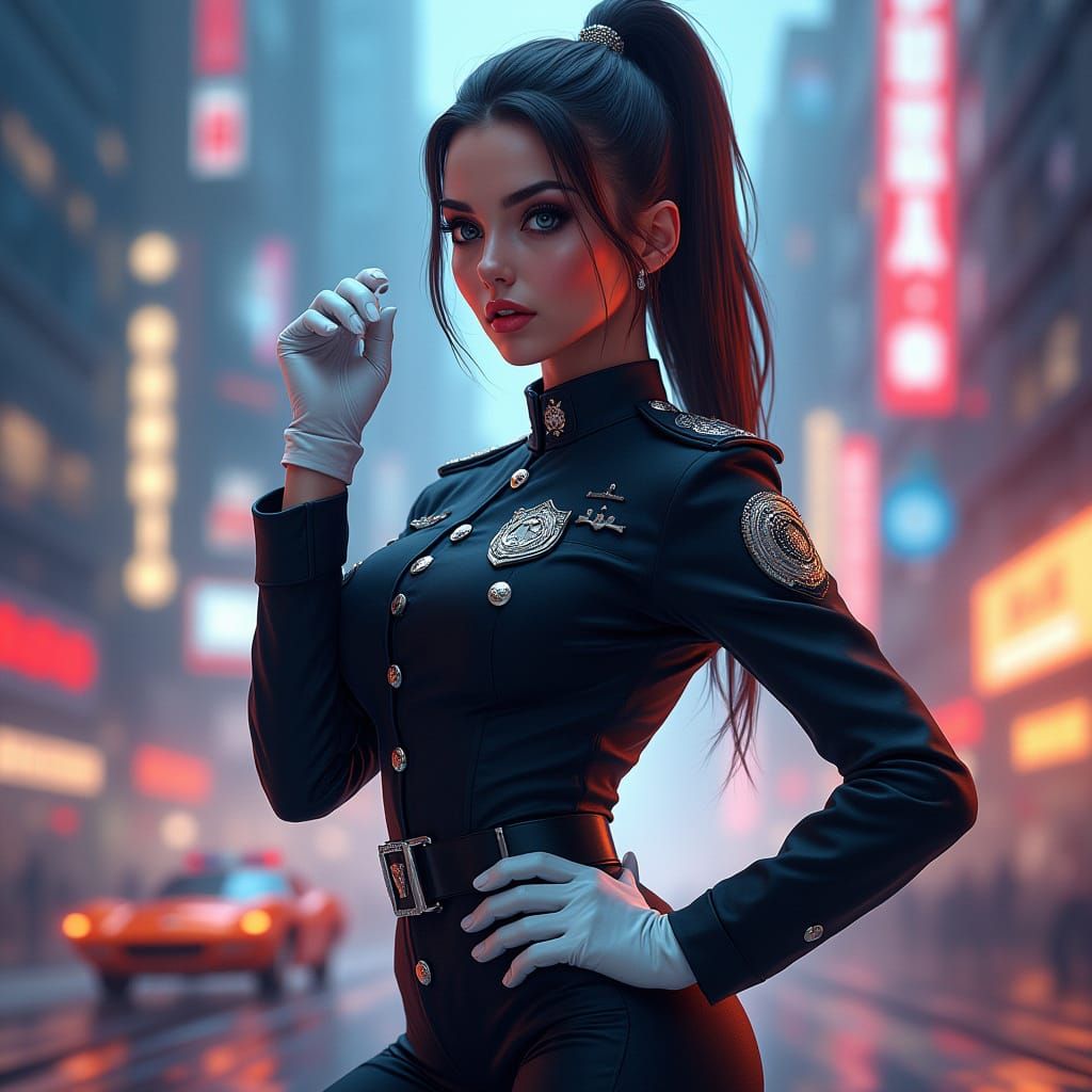 Futuristic Female Police Officer in High-Tech Uniform