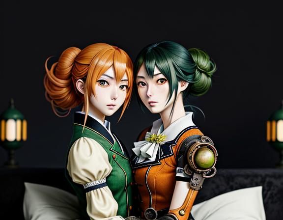 Kemono Twin Sisters Kiss in Steampunk Anime Style
