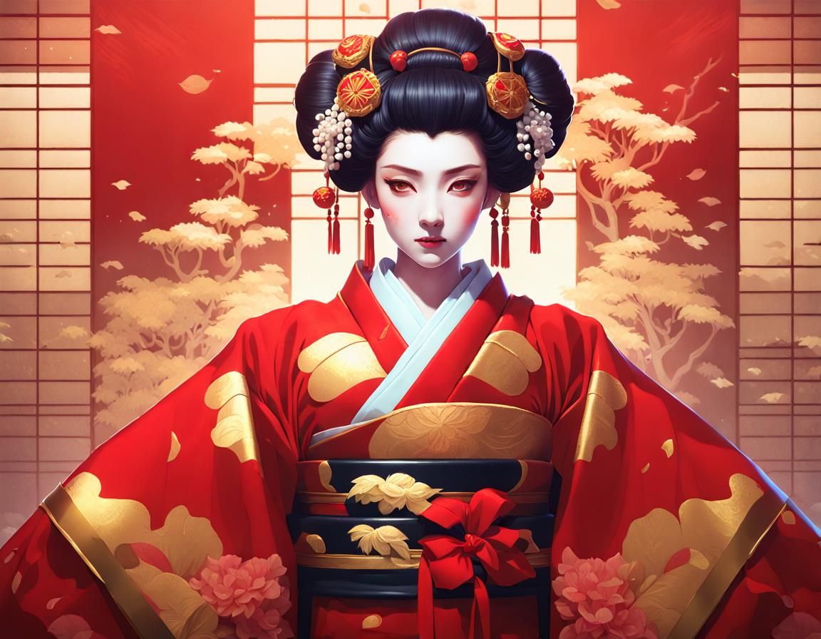 Oiran Portrait in Red and Gold Kimono, Digital Art