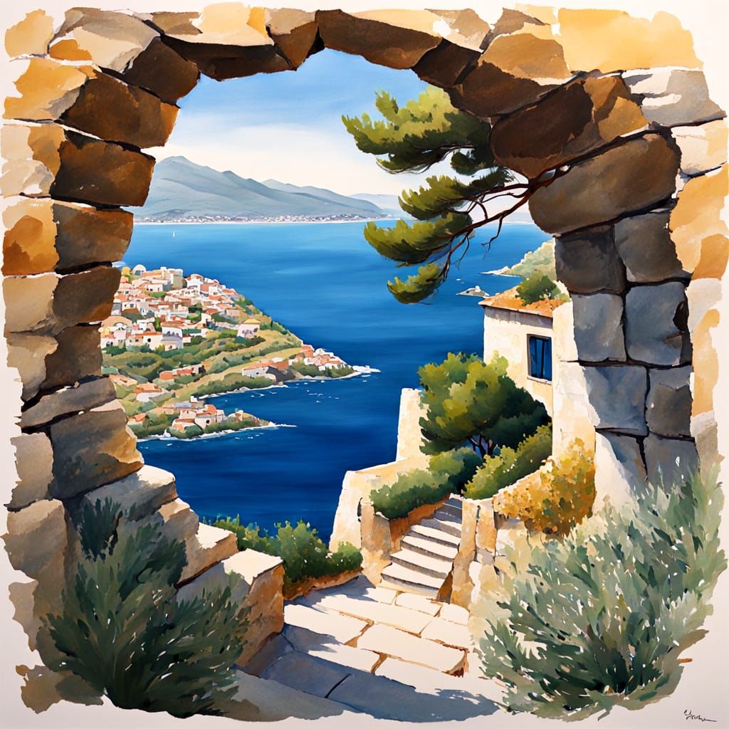 Mediterranean Sea View Through Stone Wall in Gouache