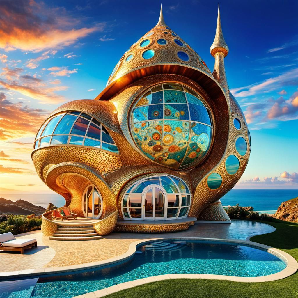 Futuristic Snail House in Middle-Earth: Psychedelic Mosaic A...