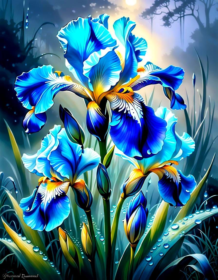 Azure Iris Blooms in Ethereal Moonlit Mist