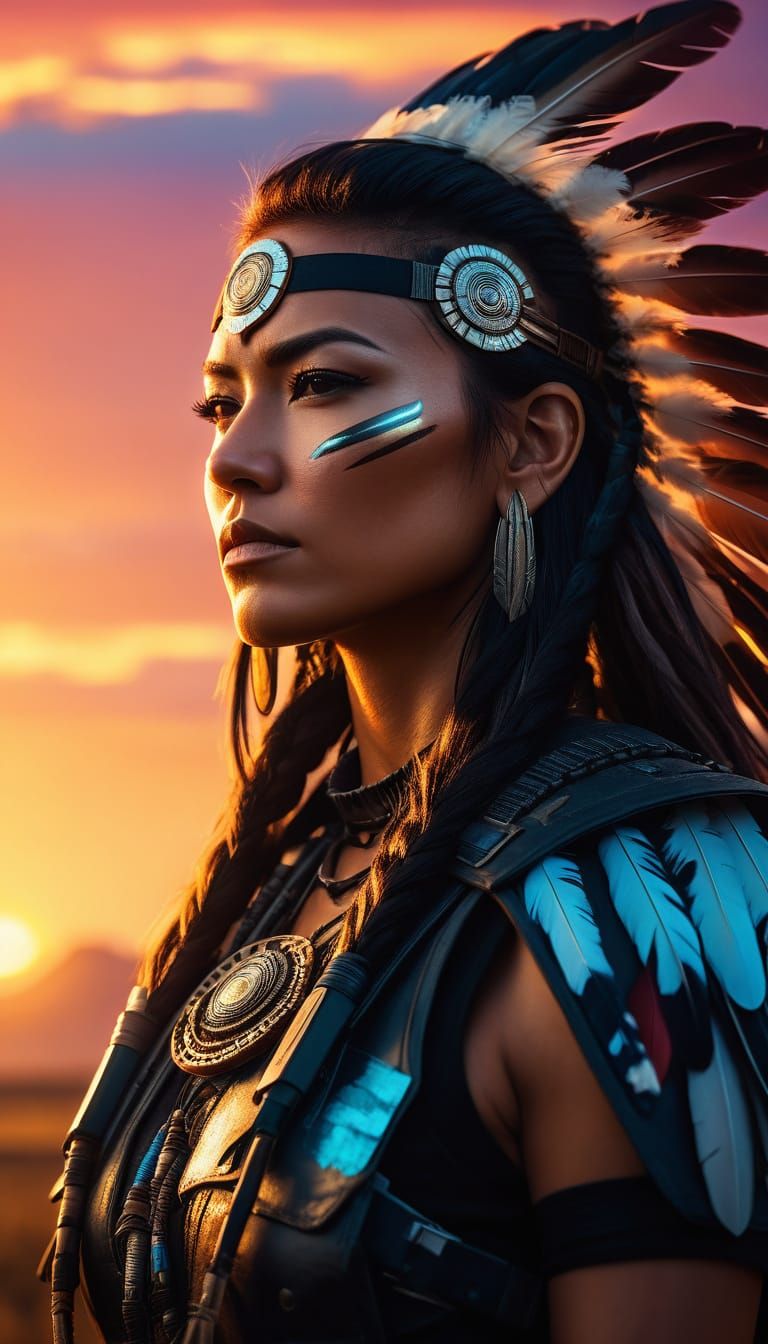 Cyberpunk Native American Woman Portrait in Tactical Gear