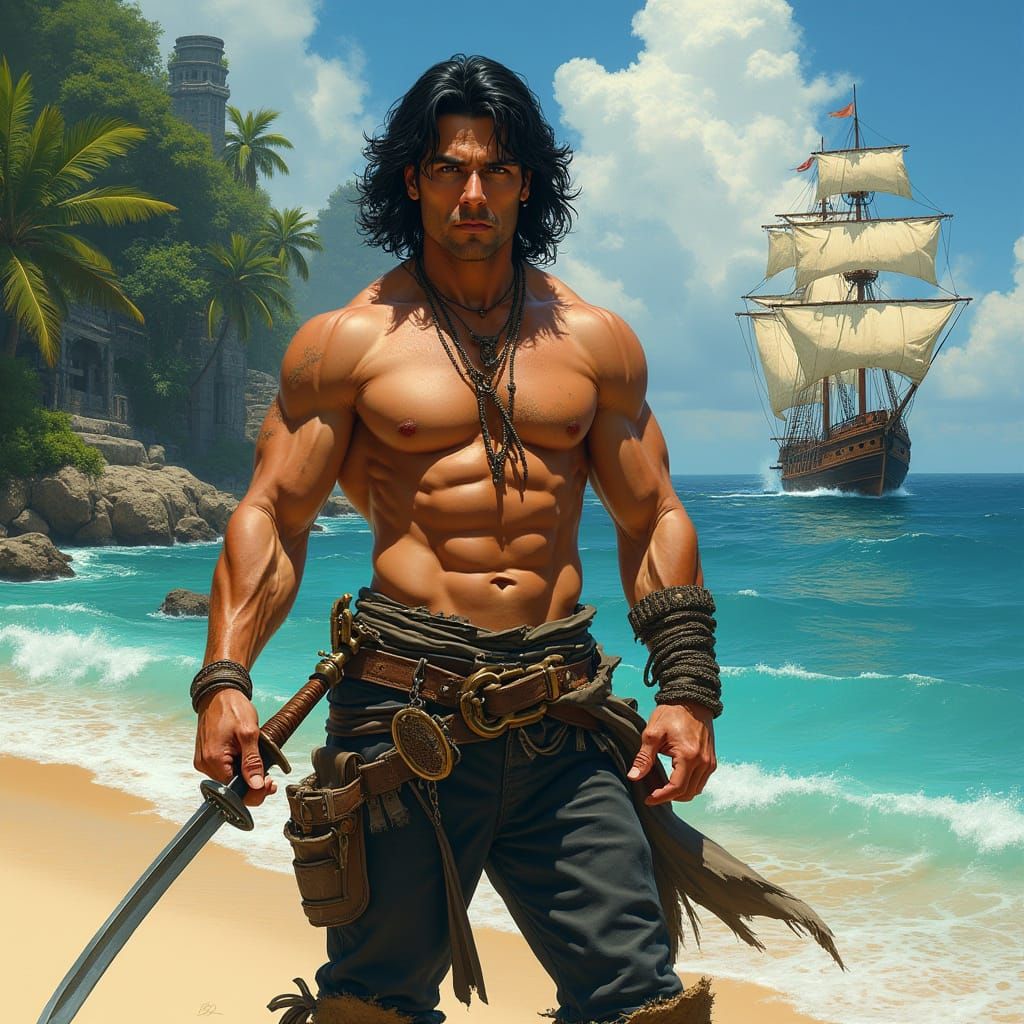 Swashbuckling Hero Stands on Tropical Beach with Pirate Ship...