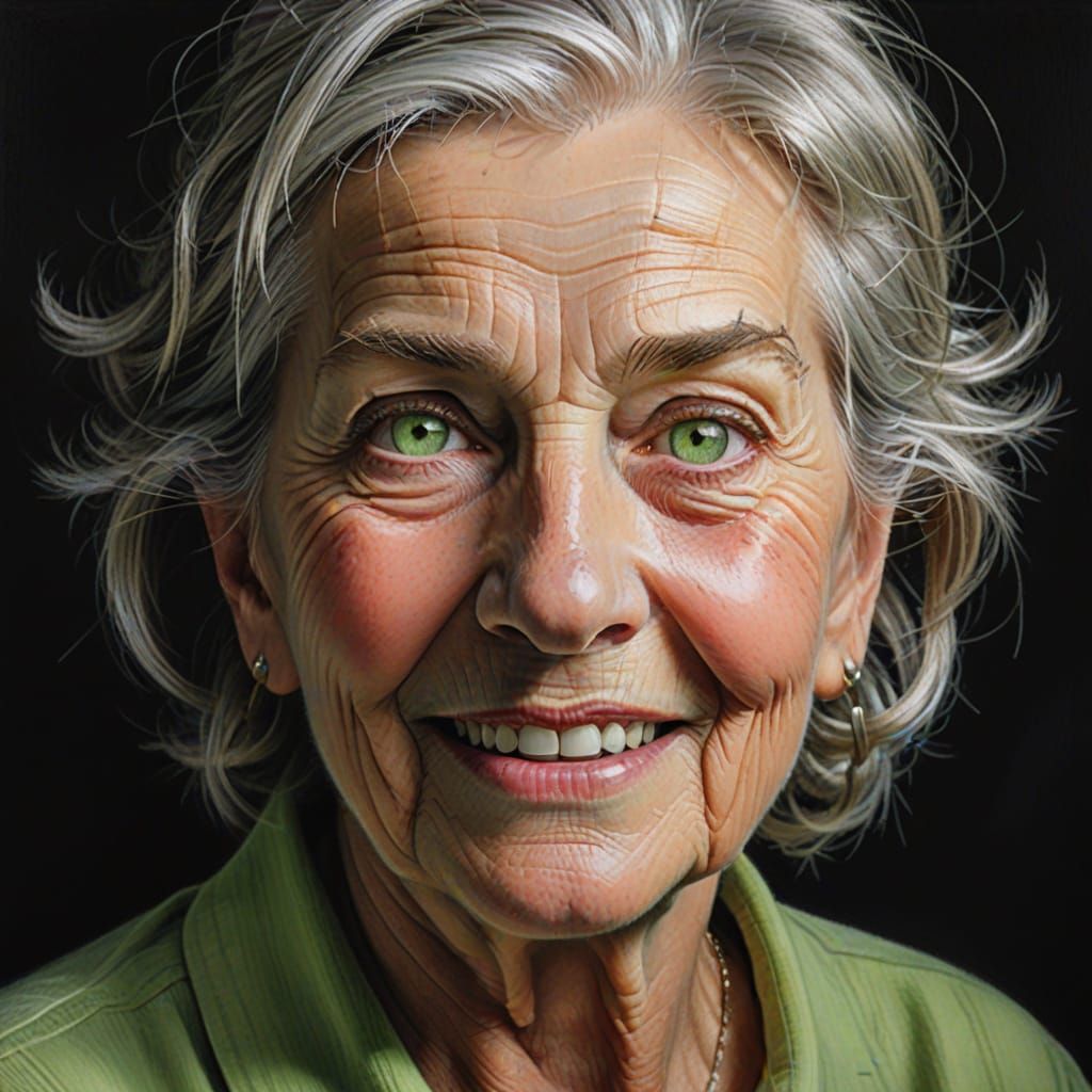 Expressive Portrait of an Older Woman with Mischievous Green...