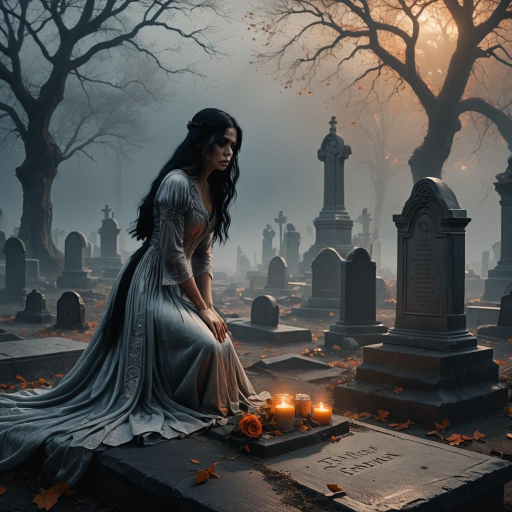 Eerie Girl by Gravestone in Dark Fantasy Style