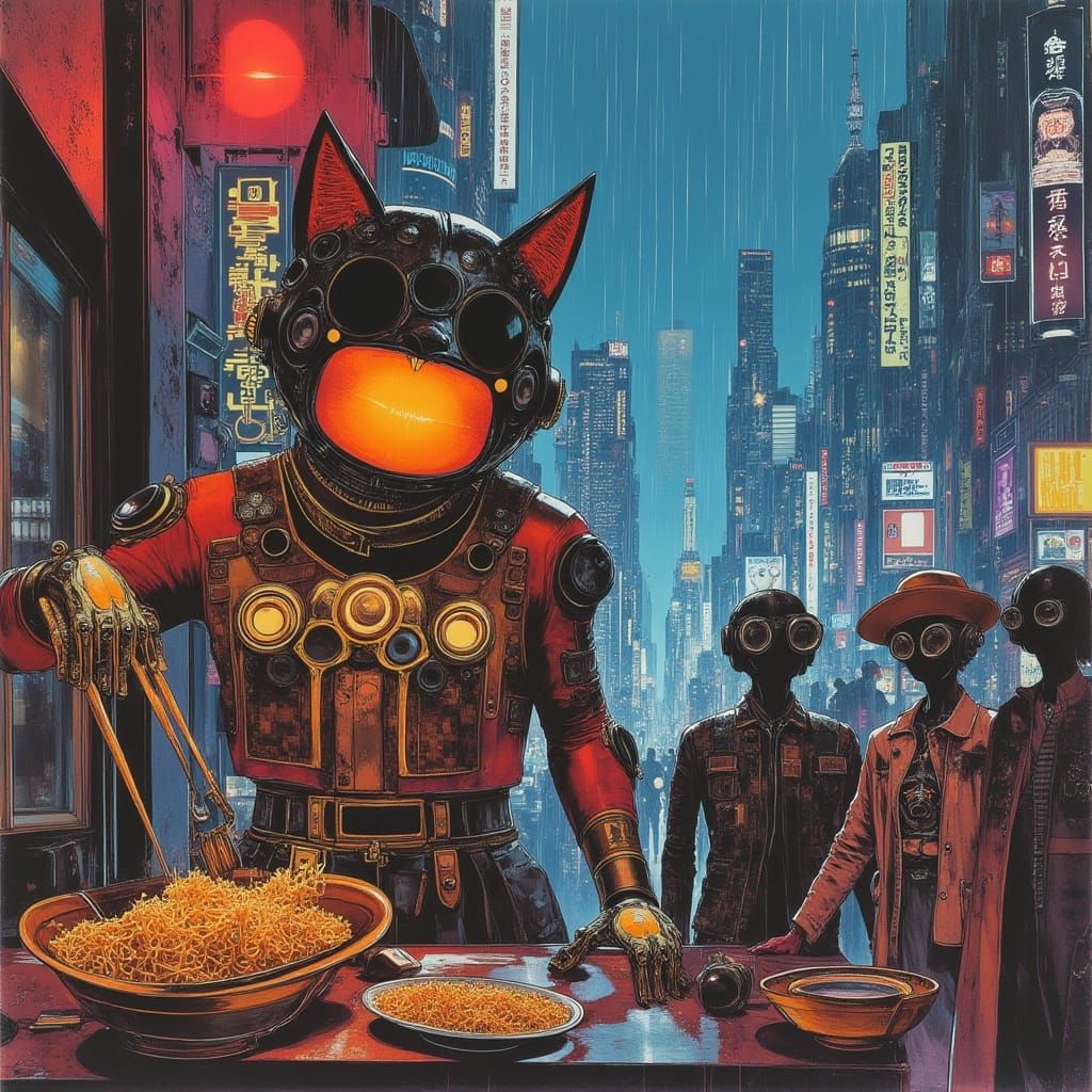 Cyberpunk Cat Chef in Neon Ramen Shop