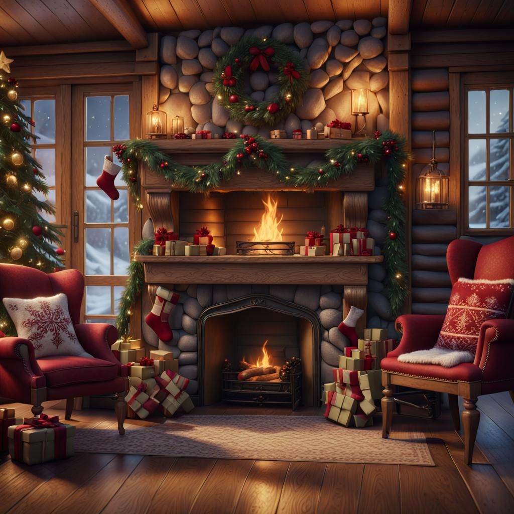 Christmas Cabin Fireplace: Detailed Matte Painting