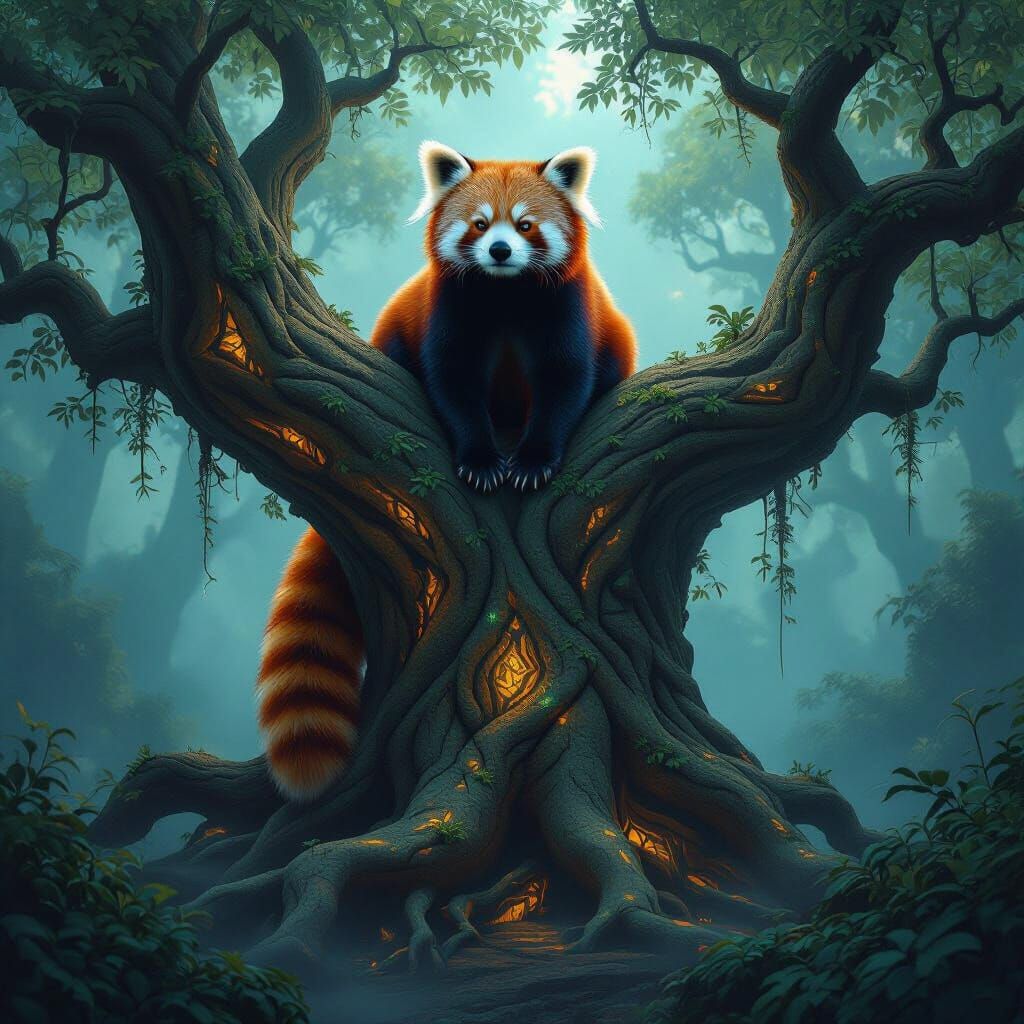 Bioluminescent Red Panda on Ancient Tree in Mystical Forest