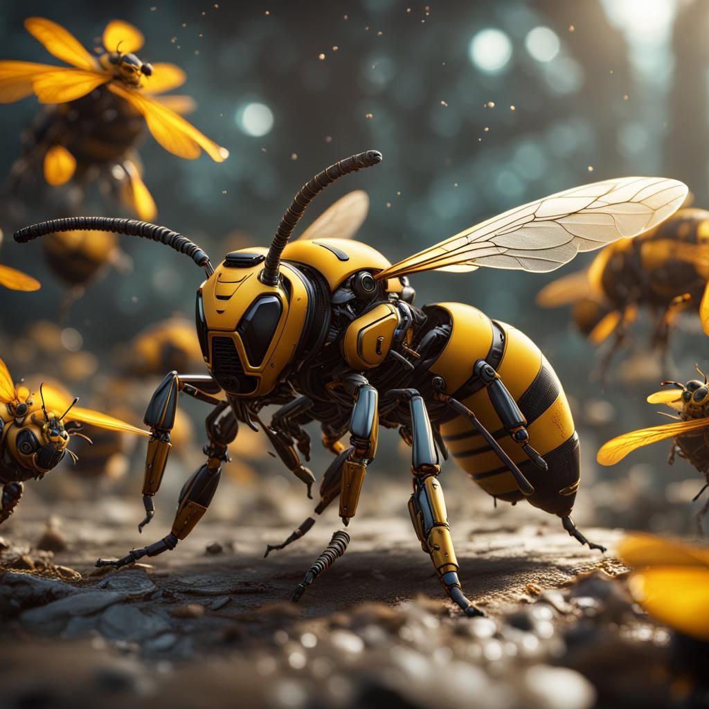 Robot Bee Fighting Wasps in Detailed Matte Painting