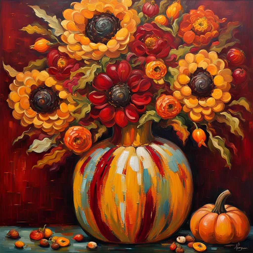 Fall Flower Vase Impasto Oil Painting