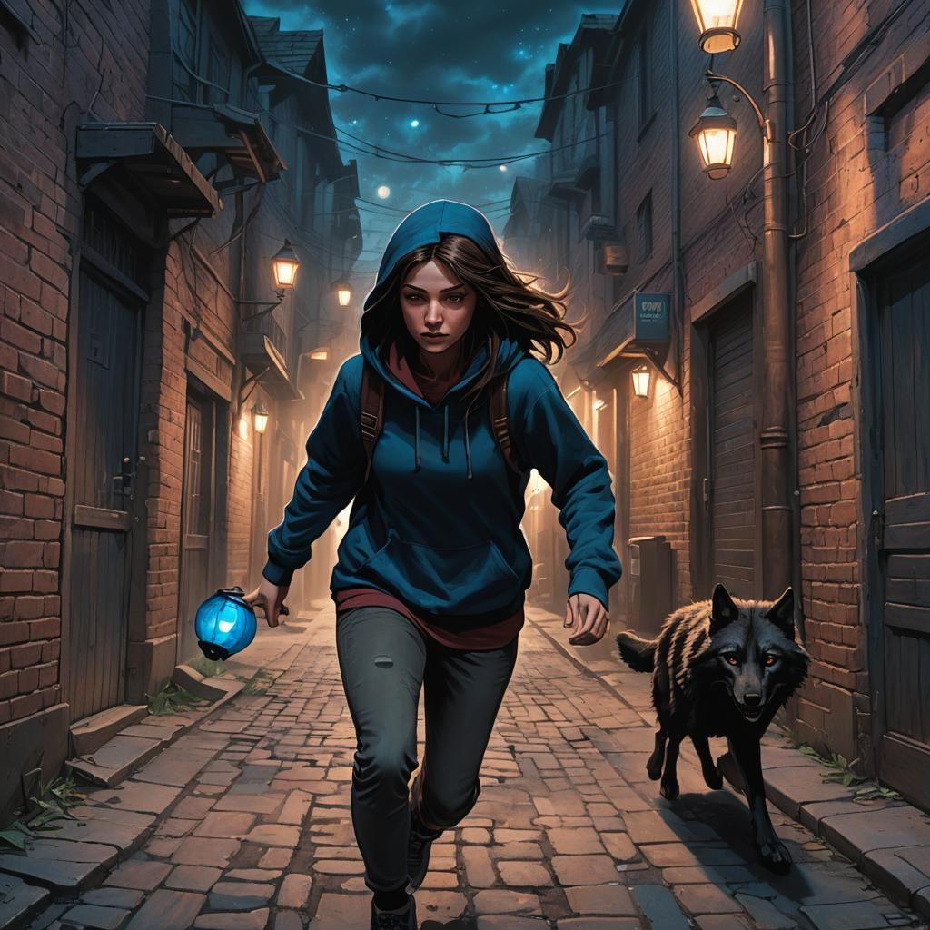 Teenage Girl and Black Wolf in Dark Fantasy Alley