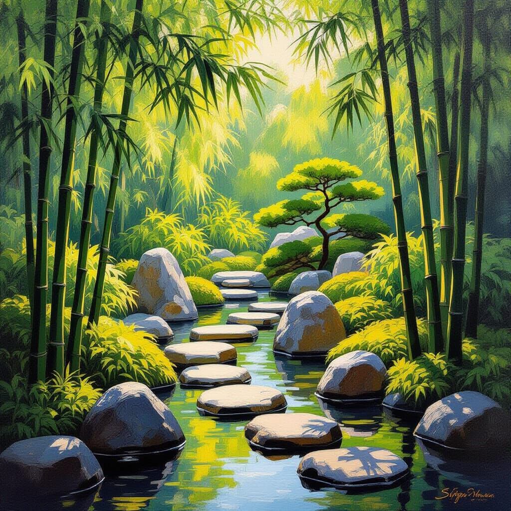 Serene Japanese Garden in Oil Painting Style