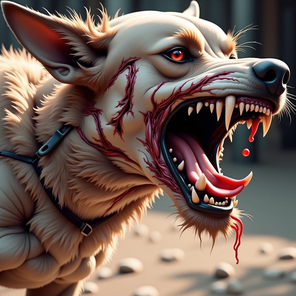 Grotesque Humanoid Figure with Canine Features in Dark, Omin...