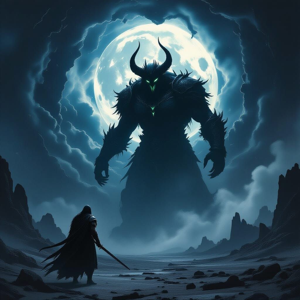 Warrior Faces Cosmic Demon in Dark Fantasy Art