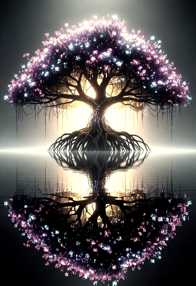 Blossoming Tree With Mirror Image Roots in Still Water
