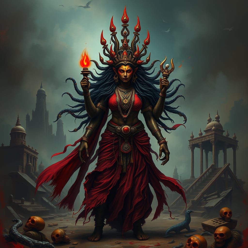The Fierce Form of Devi: Bhairavi in a Dark, Gothic Landscap...