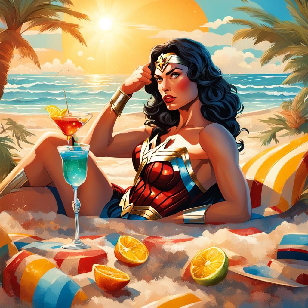 Wonder Woman Relaxing on the Beach in Splash Art