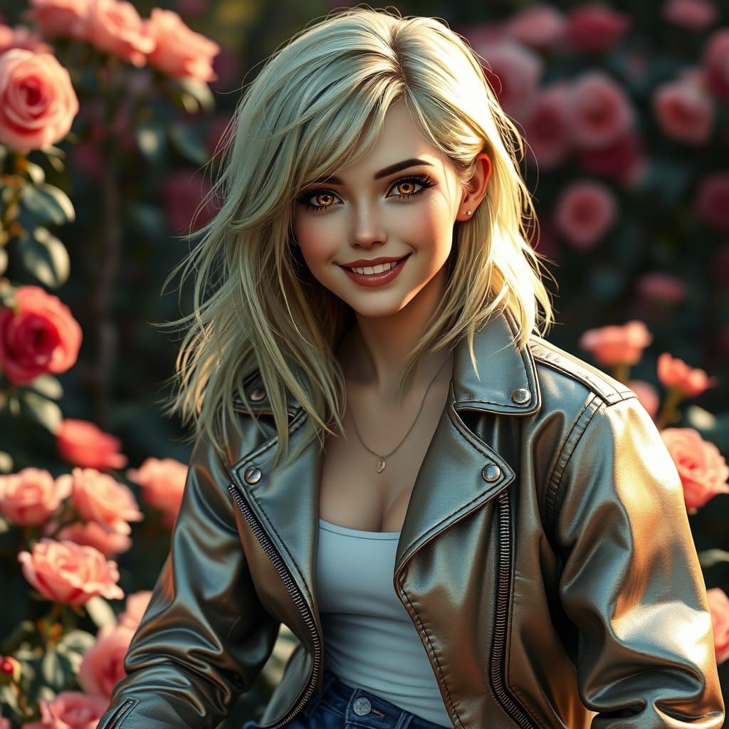 Rose Garden Goddess in Silver Leather Jacket