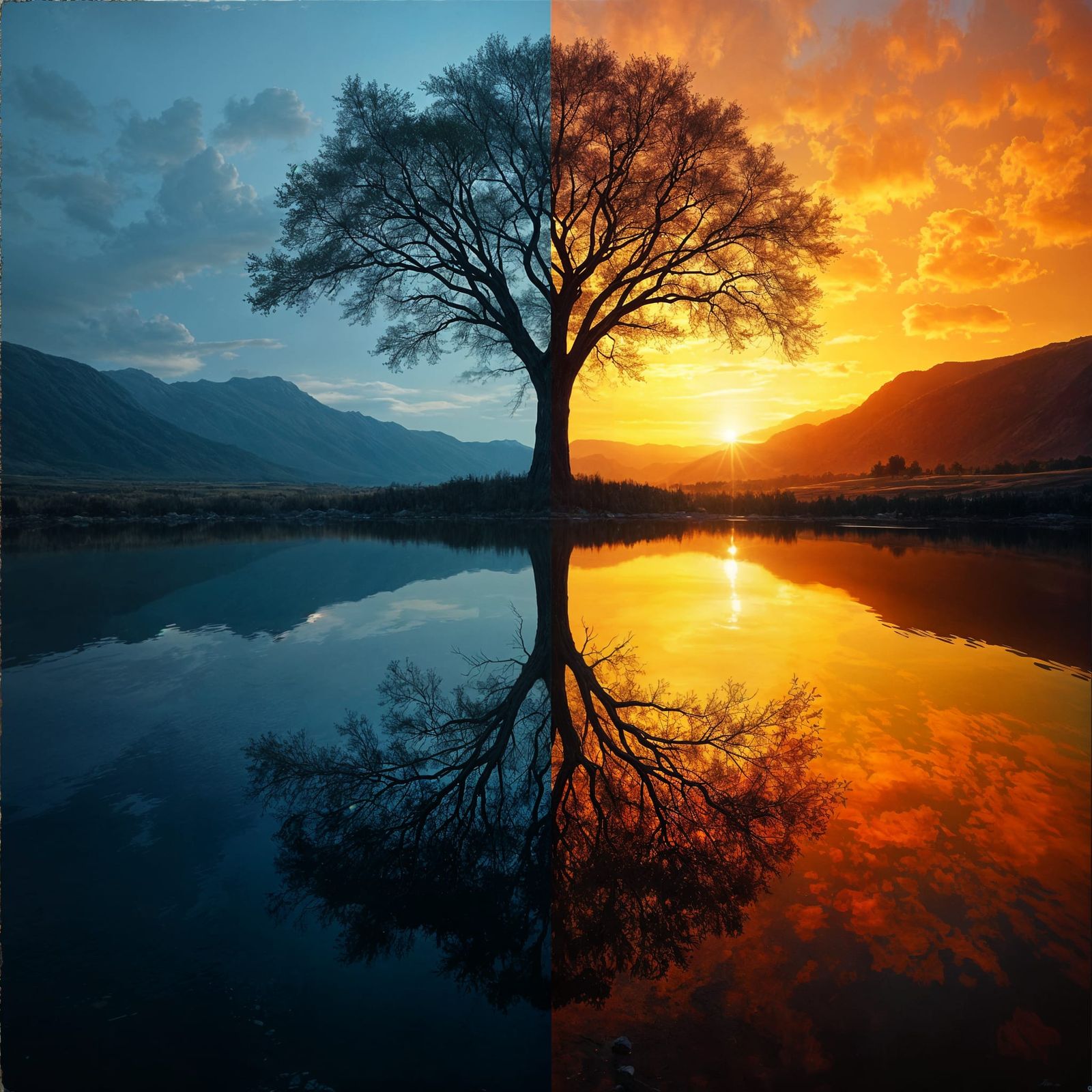 Reflected Tree in Light and Shadow: A High Contrast Painting