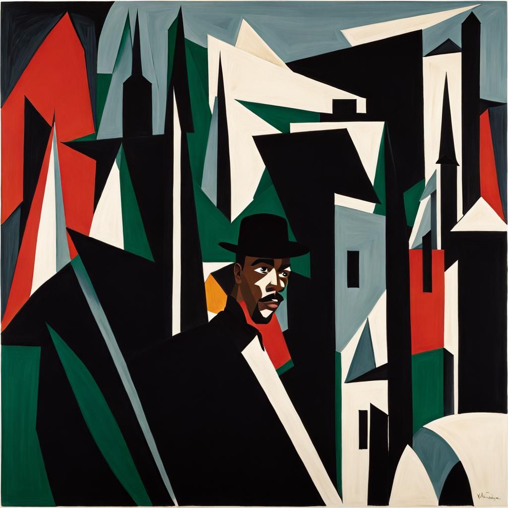Cubist Scene in Jacob Lawrence Style with Art Nouveau Elemen...