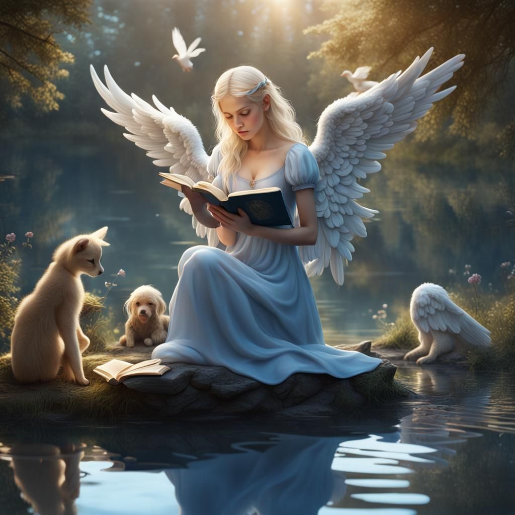 Light Blue Angel Girl Reading by Pond